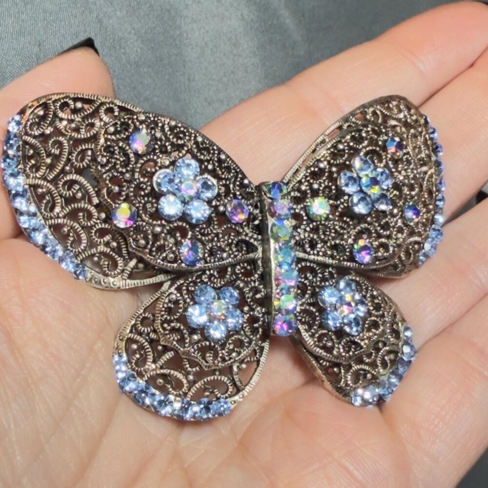 Butterfly Brooch Blue Rhinestone Filigree Crystal Pin Large Statement 3” - Picture 8 of 10